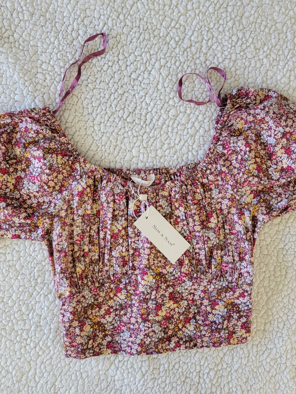 NWT Sim & Sam Puff Sleeve Floral Cropped Smocked Blouse Brown Cream Pink Small